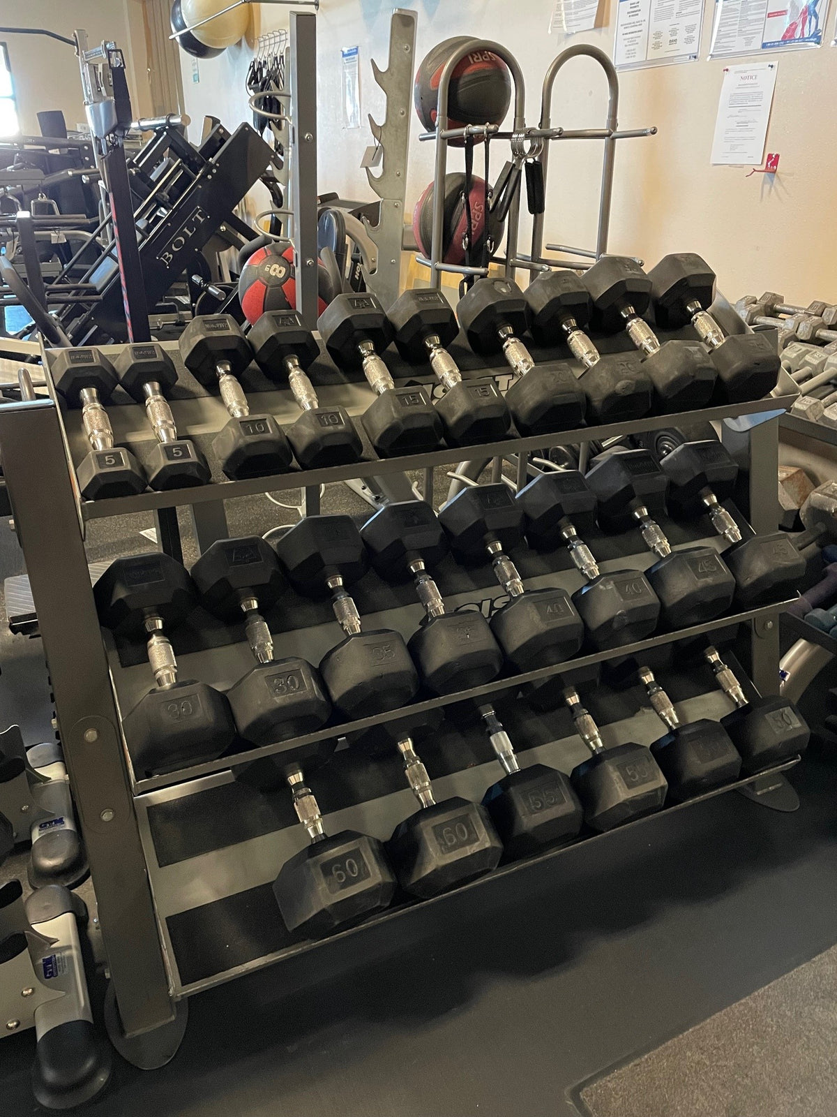 Used 5-60lbs dumbbell set with 3 Tier 48" Rack
