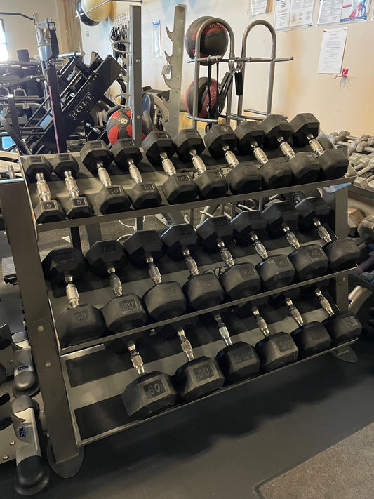 Used 5-60lbs dumbbell set with 3 Tier 48" Rack