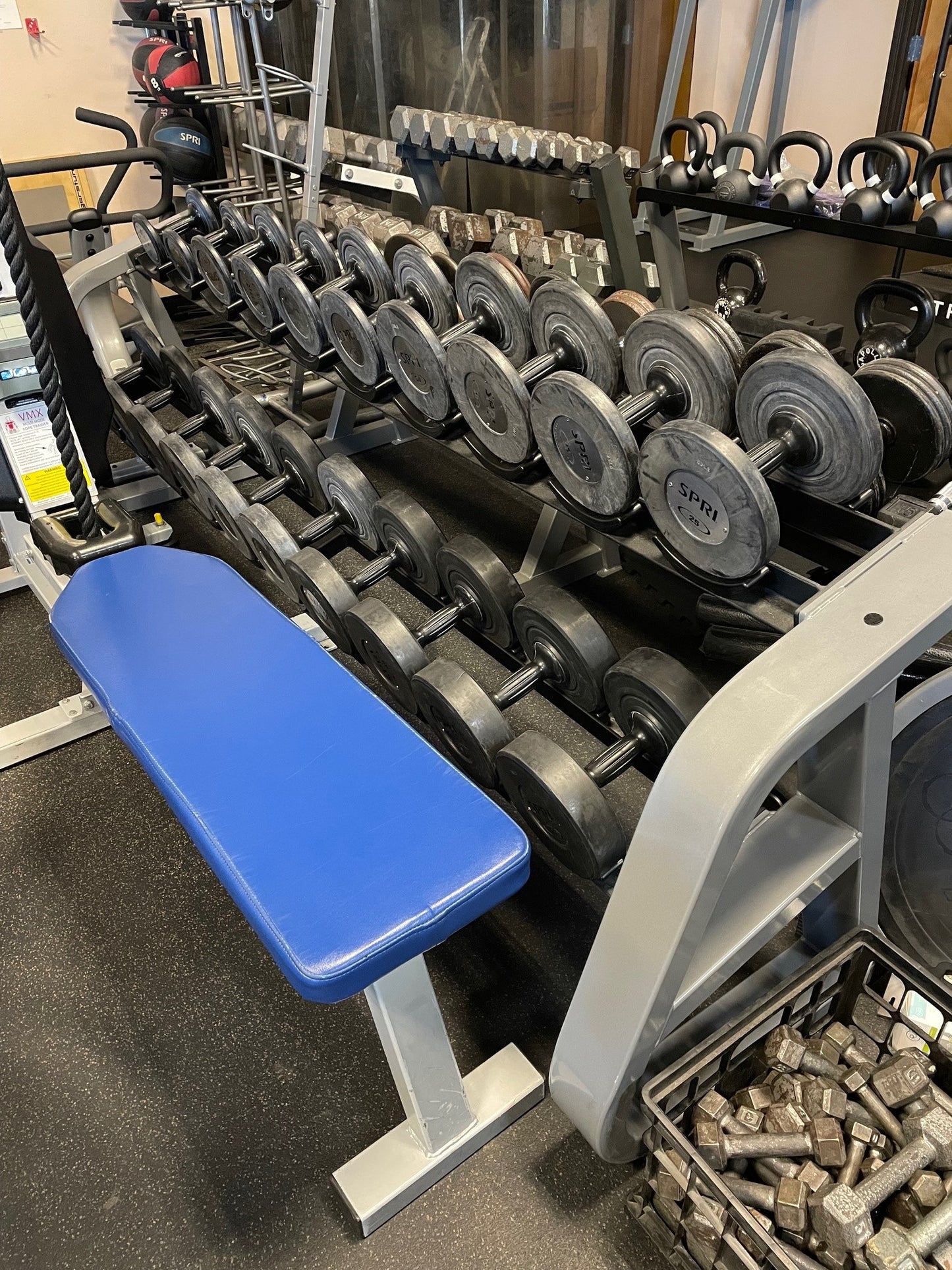 Used SPRI 5-50 Dumbbell Set with Precor 10 Pair Saddle Dumbbell Rack